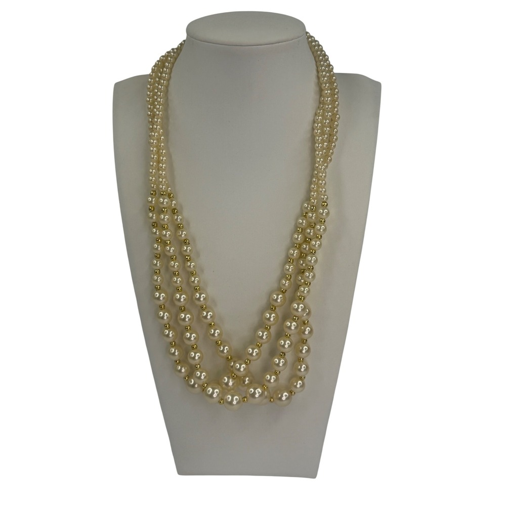 Vintage Triple Strand Faux Pearl Necklace Gold Tone Graduated Multi Layer Cream